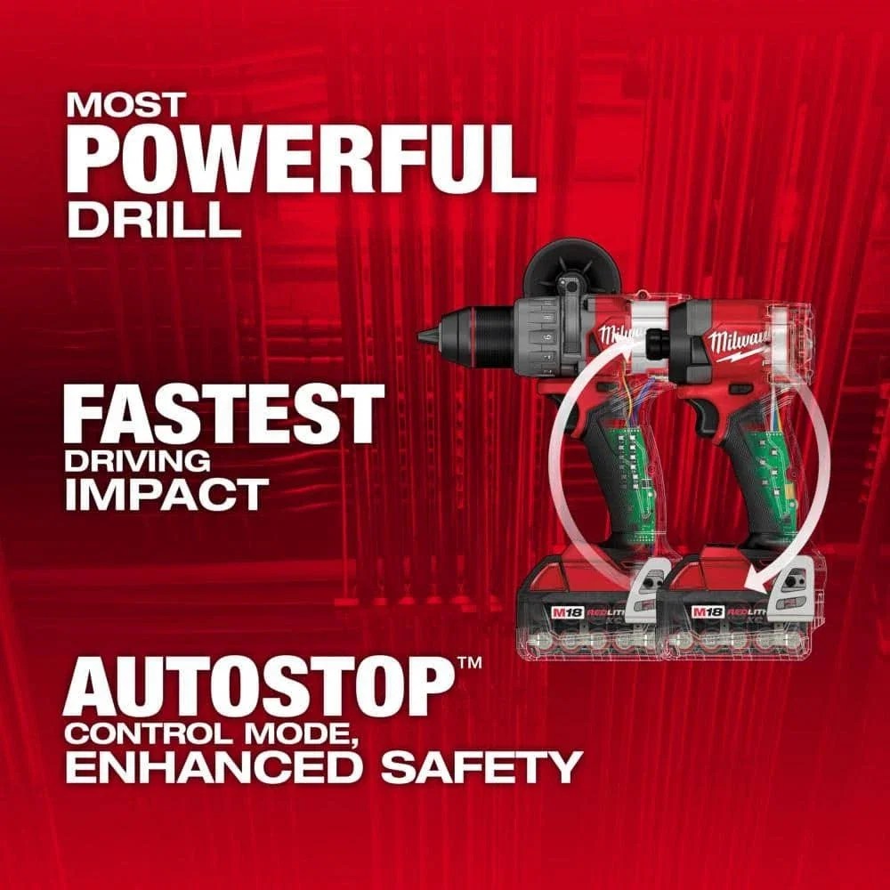 Milwaukee M18 FUEL 18V lithium-ion cordless hammer drill and impact driver, shown with drill bits and accessories.