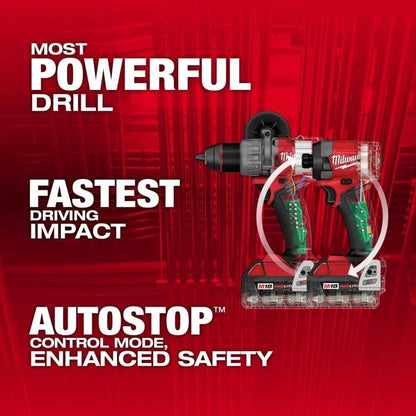 Milwaukee M18 FUEL 18V lithium-ion cordless hammer drill and impact driver, shown with drill bits and accessories.