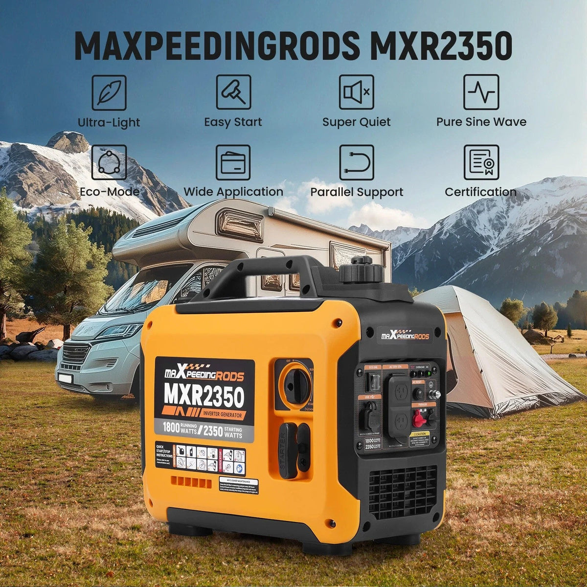 Casavibeo inverter generator with 2300W to 5500W power output, portable design, featuring multiple outlets and control panel.