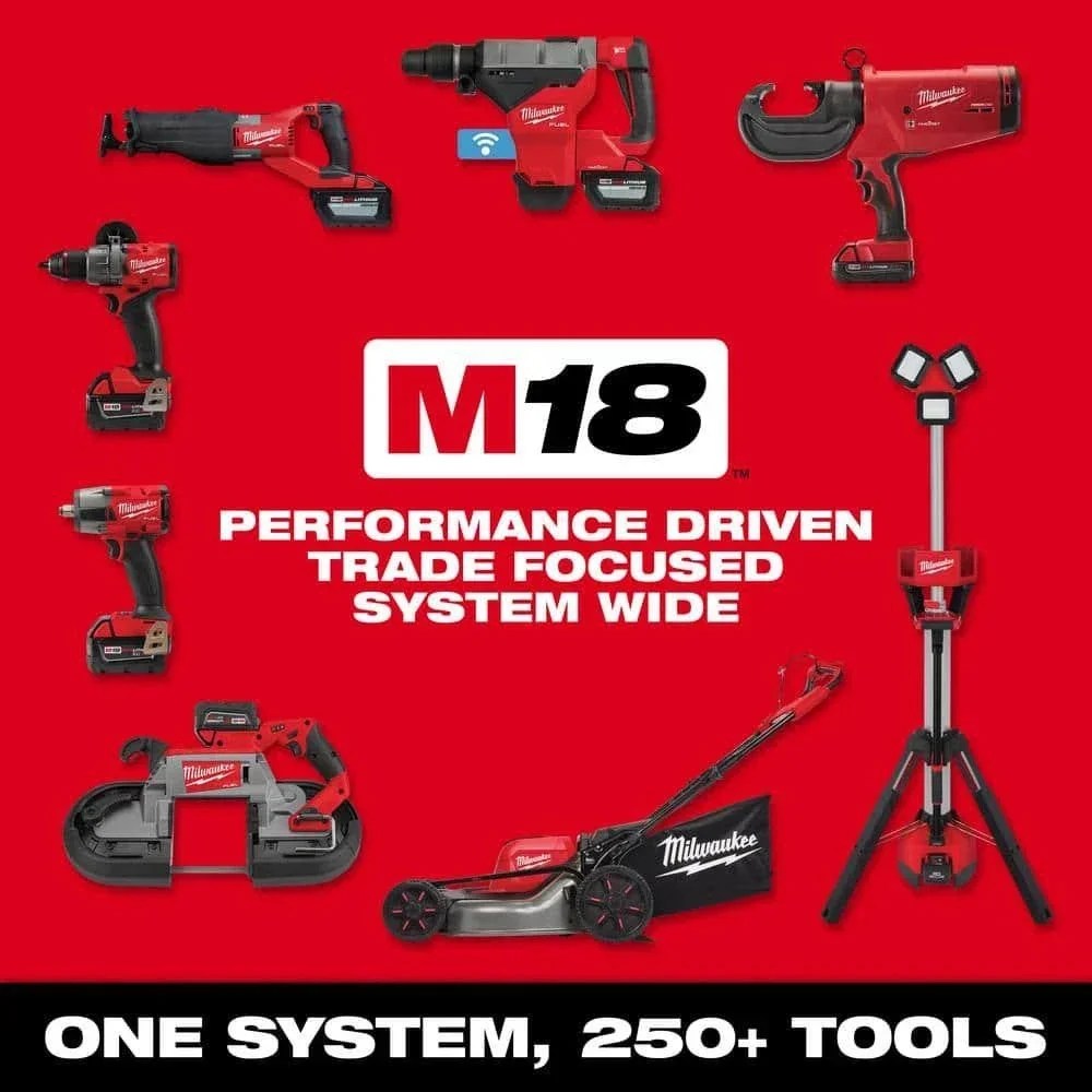 Milwaukee M18 FUEL cordless hammer drill and impact driver with lithium-ion batteries, black and orange power tools.