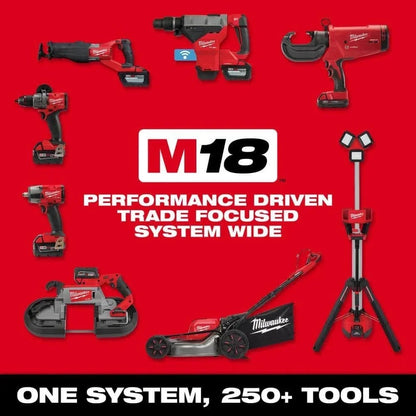Milwaukee M18 FUEL cordless hammer drill and impact driver with lithium-ion batteries, black and orange power tools.