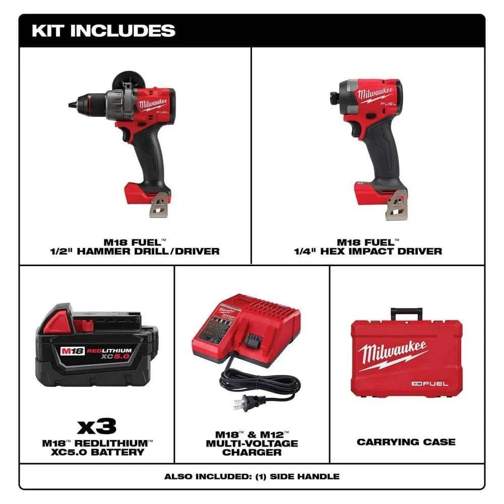 Milwaukee M18 FUEL 18V lithium-ion cordless hammer drill and impact driver with black and yellow design, set against a plain background.