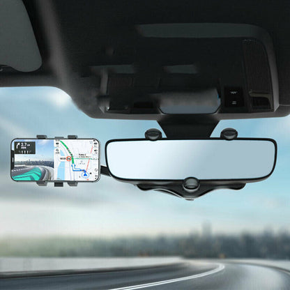 Belro universal car rearview mirror with hands-free phone holder attached, designed for easy phone access while driving