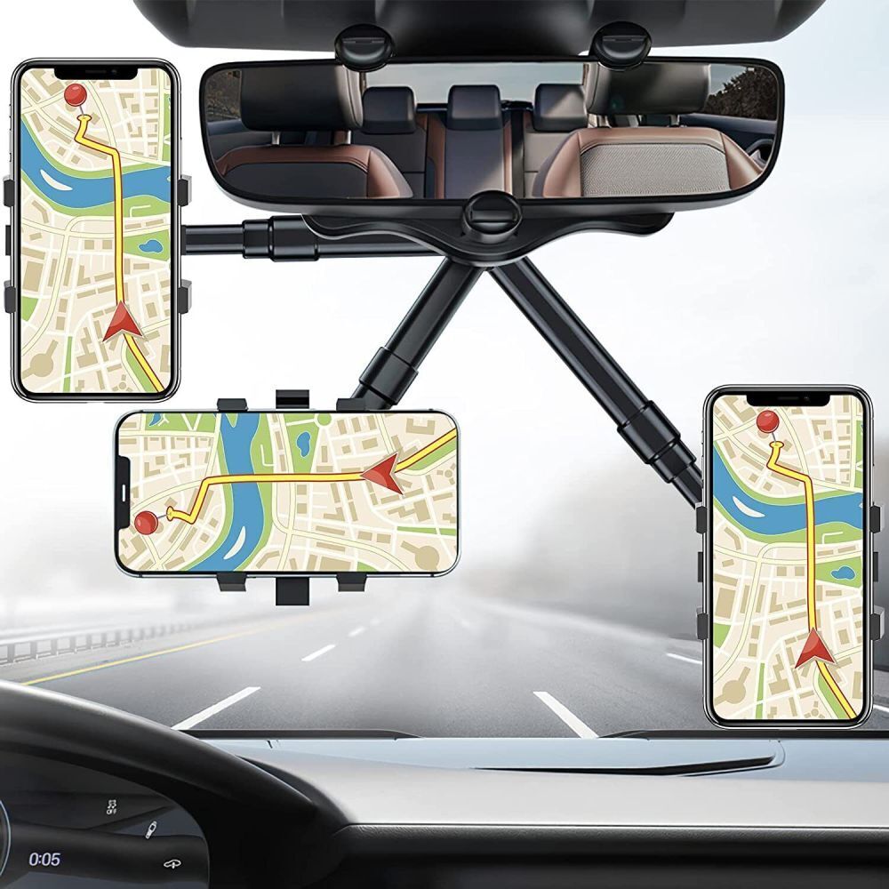 Belro universal car rearview mirror phone holder attached to rearview mirror for hands-free phone use in vehicle.