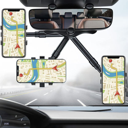 Belro universal car rearview mirror phone holder attached to rearview mirror for hands-free phone use in vehicle.