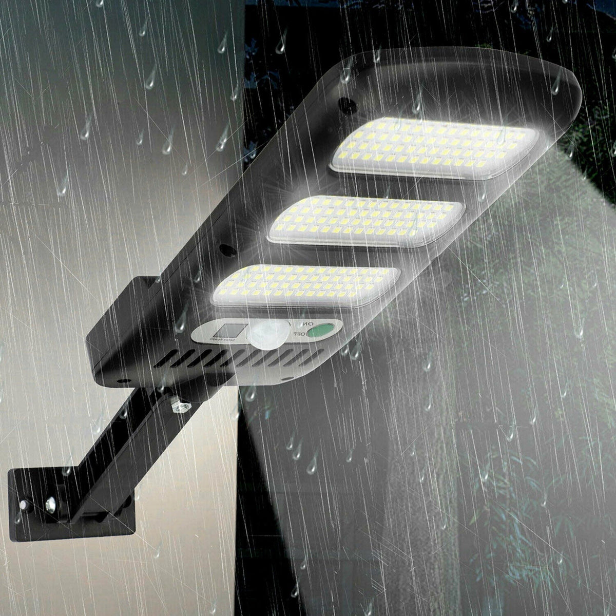 Belro waterproof solar-powered outdoor driveway street light illuminating a garden pathway at dusk.