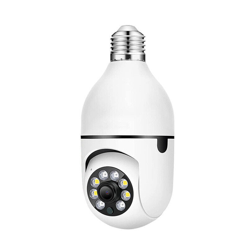 Belro Smart Wifi Indoor and Outdoor Light Bulb Security Camera mounted on a wall, with lens and infrared sensor visible.