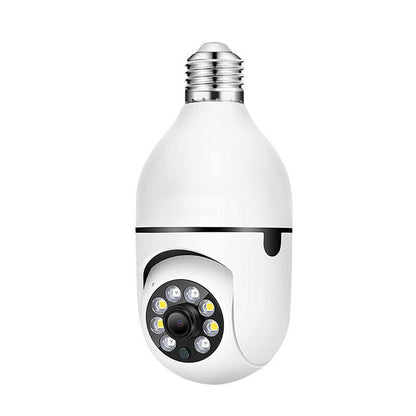 Belro Smart Wifi Indoor and Outdoor Light Bulb Security Camera mounted on a wall, with lens and infrared sensor visible.