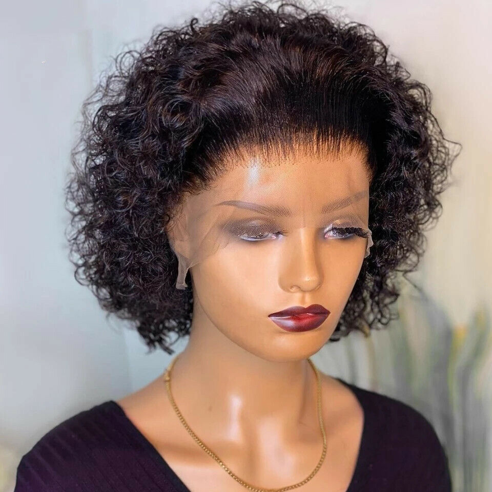 Belro premium lace front short curly pixie bob human hair wig, showcasing natural curls and realistic lace front for a stylish look.