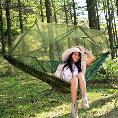 Belro portable two-person outdoor camping hammock with canopy, suitable for travel and relaxation in the backyard or campsite.