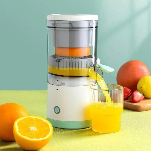 Belro portable wireless electric citrus juicer with orange slices and fresh juice in a modern kitchen setting.