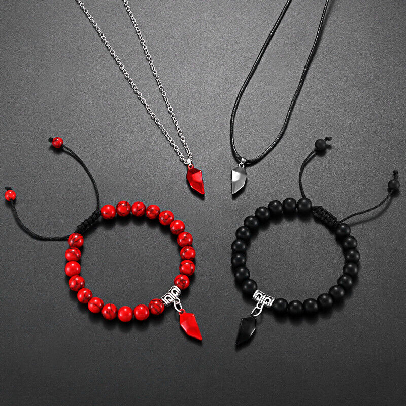 Belro Valentine's magnetic heart couple's necklace and bracelet jewelry set with matching heart pendants and charms.
