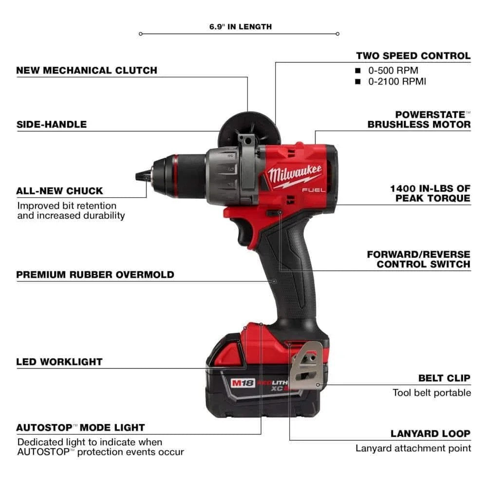 Milwaukee M18 FUEL 18V lithium-ion cordless hammer drill and impact driver with ergonomic design and battery pack.