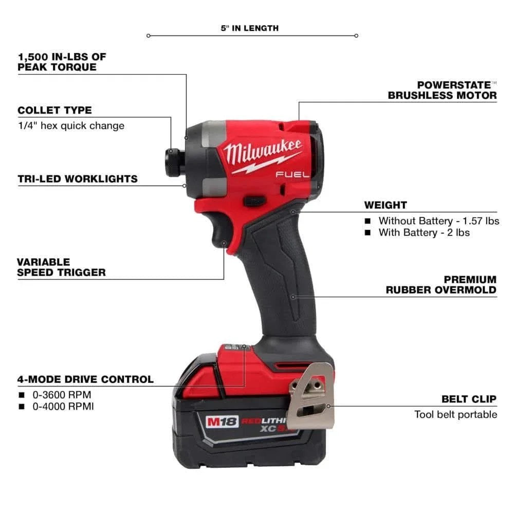 Milwaukee M18 FUEL cordless hammer drill and impact driver set with lithium-ion batteries, featuring black and orange tools with ergonomic grips.