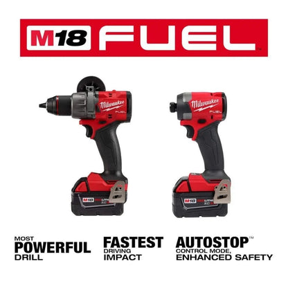 Milwaukee M18 FUEL cordless hammer drill and impact driver set with lithium-ion batteries and brushless motors.