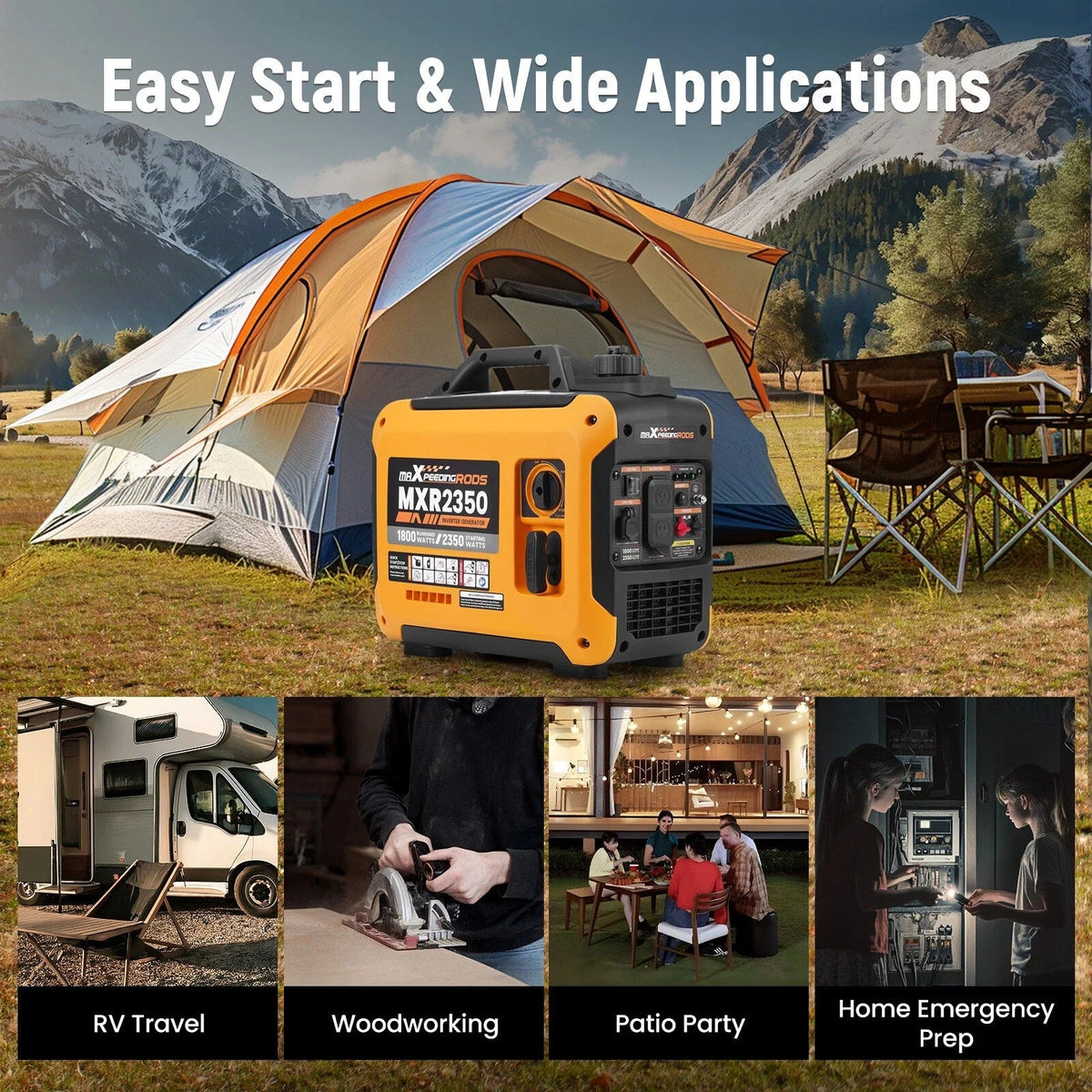 Casavibeo inverter generator with 2300W to 5500W power output, portable design, shown with control panel and exhaust.