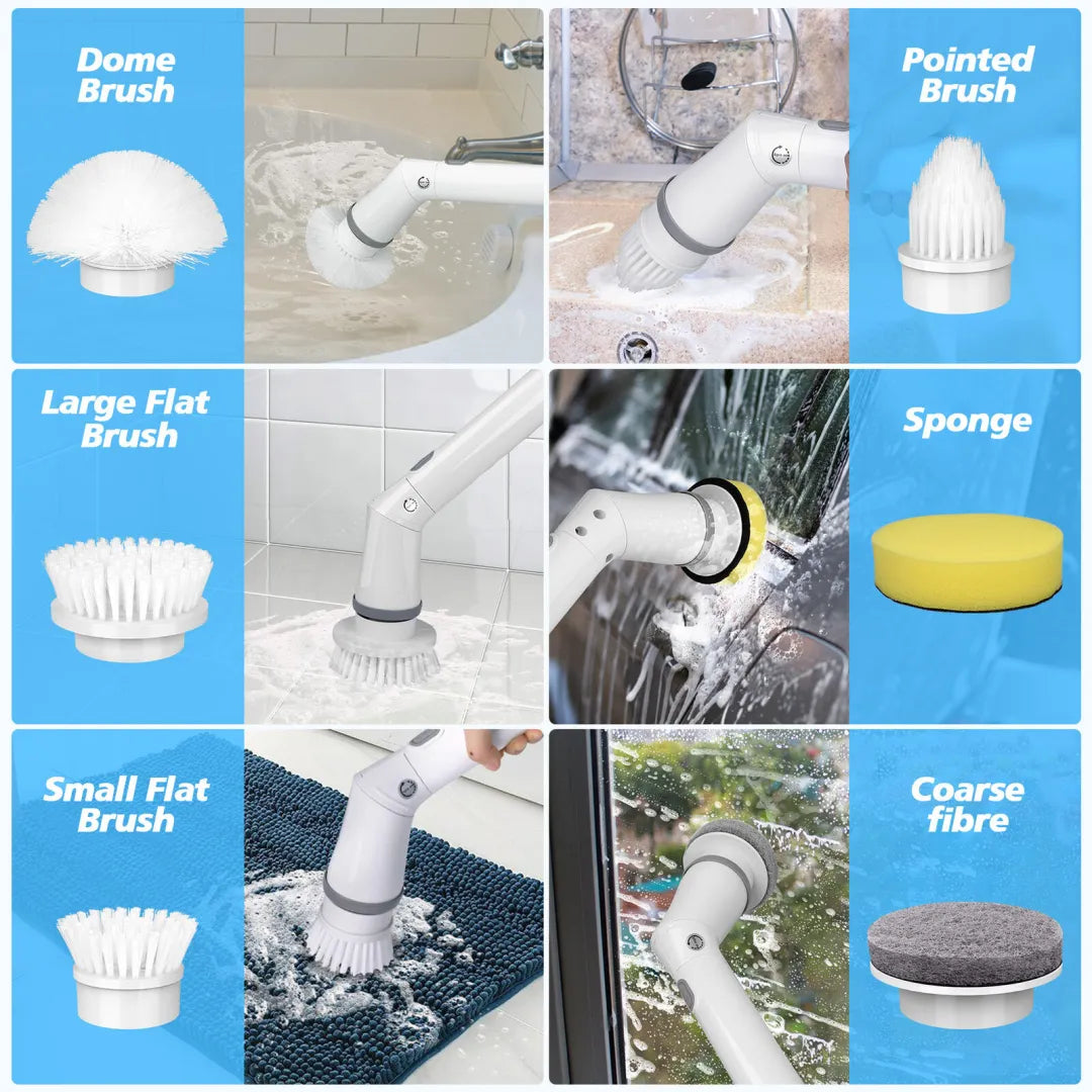 Belro electric spin power scrubber with long handle and seven cleaning heads, cordless for outdoor home cleaning tasks