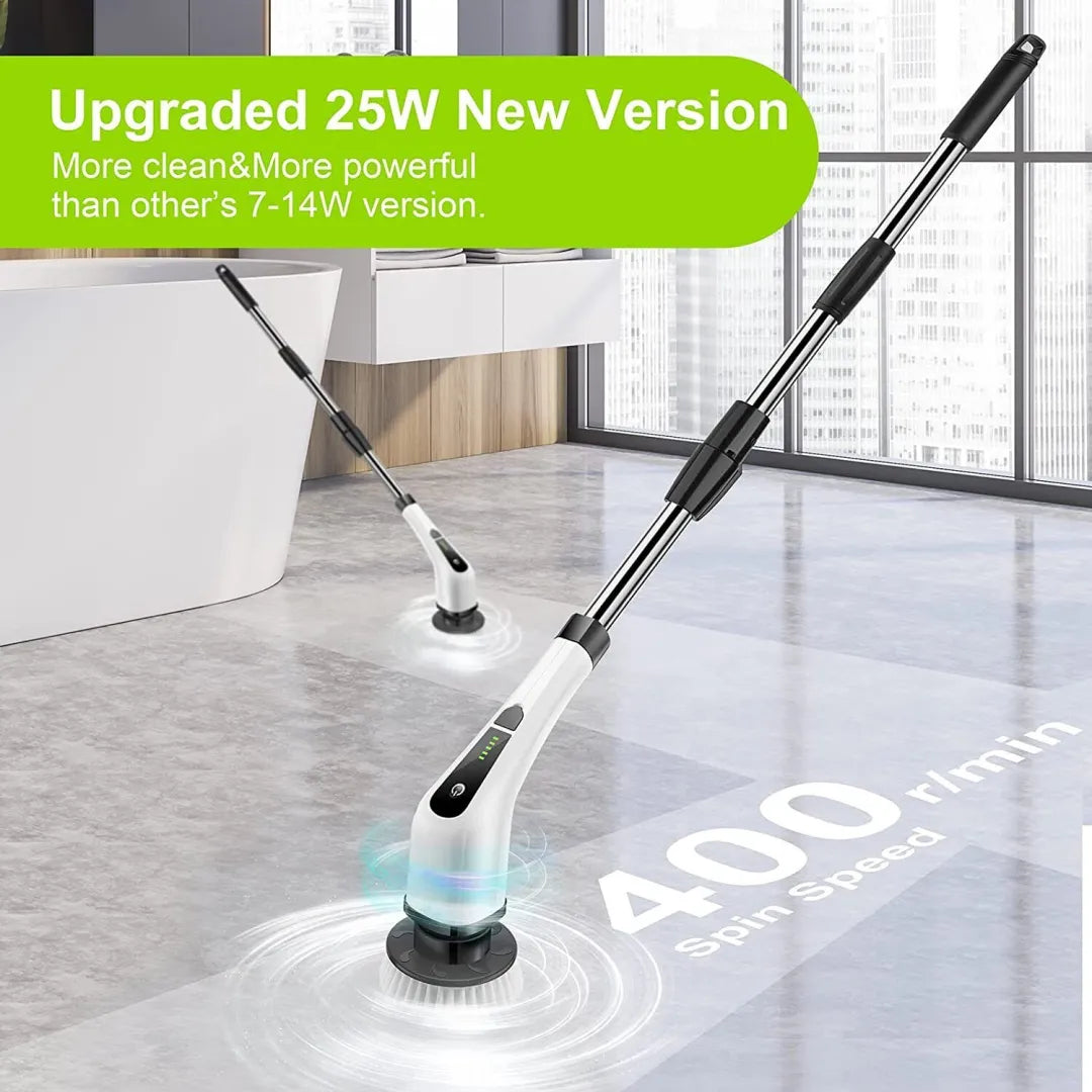 Belro Electric Spin Power Scrubber with long handle and 7 cleaning heads for outdoor home and garden cleaning tasks.