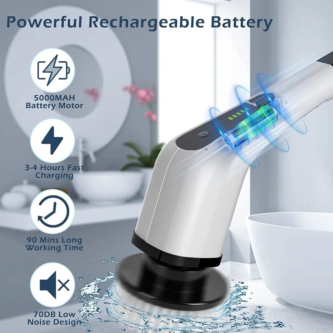 Belro cordless electric spin power scrubber with long handle and seven cleaning heads for outdoor home and garden cleaning tasks.