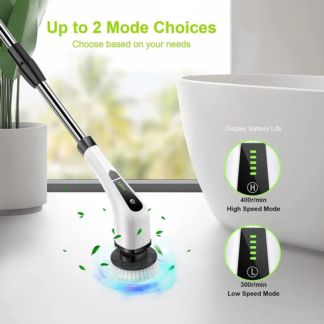 Belro electric spin power scrubber with long handle and seven cleaning heads for outdoor home and garden cleaning tasks.