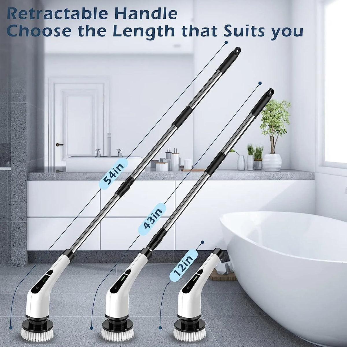 Belro cordless electric spin power scrubber with long handle and seven cleaning heads for outdoor cleaning tasks.