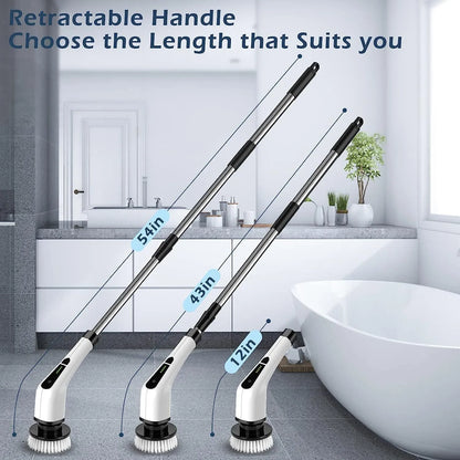 Belro cordless electric spin power scrubber with long handle and seven cleaning heads for outdoor cleaning tasks.