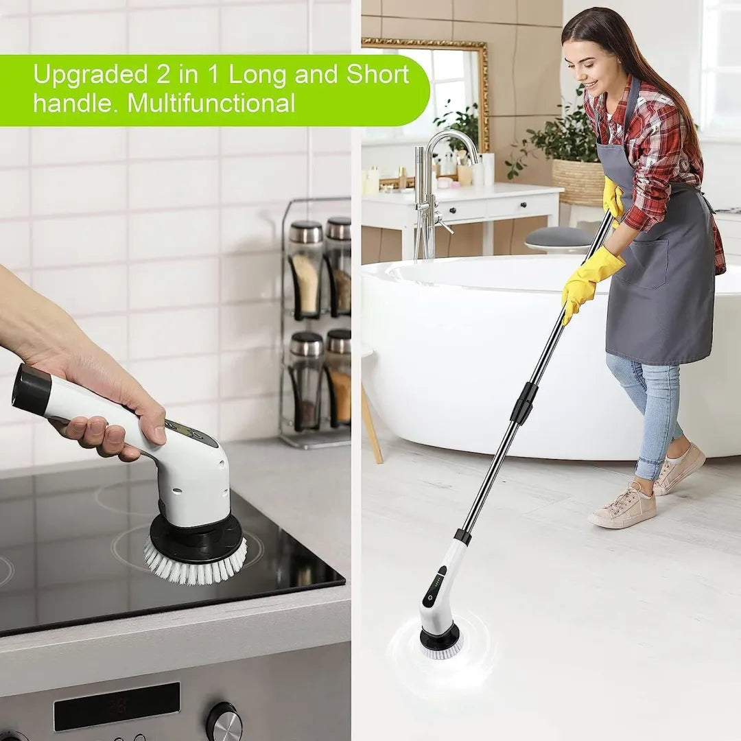 Belro cordless electric spin power scrubber with long handle and seven cleaning heads for outdoor home and garden cleaning tasks.