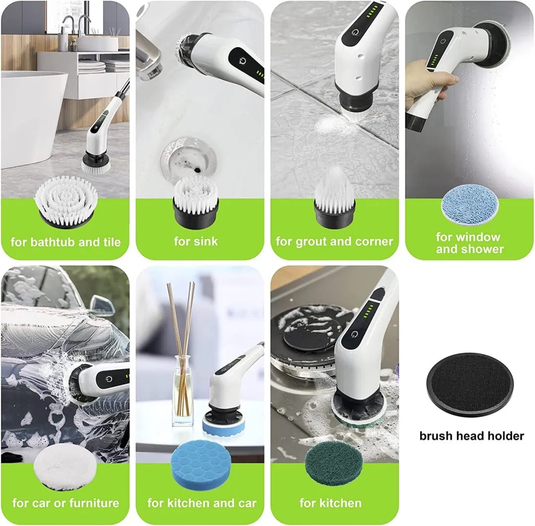 Belro cordless electric spin power scrubber with long handle and seven cleaning heads for outdoor home cleaning tasks.