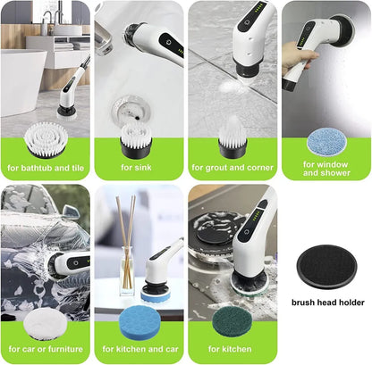 Belro cordless electric spin power scrubber with long handle and seven cleaning heads for outdoor home cleaning tasks.