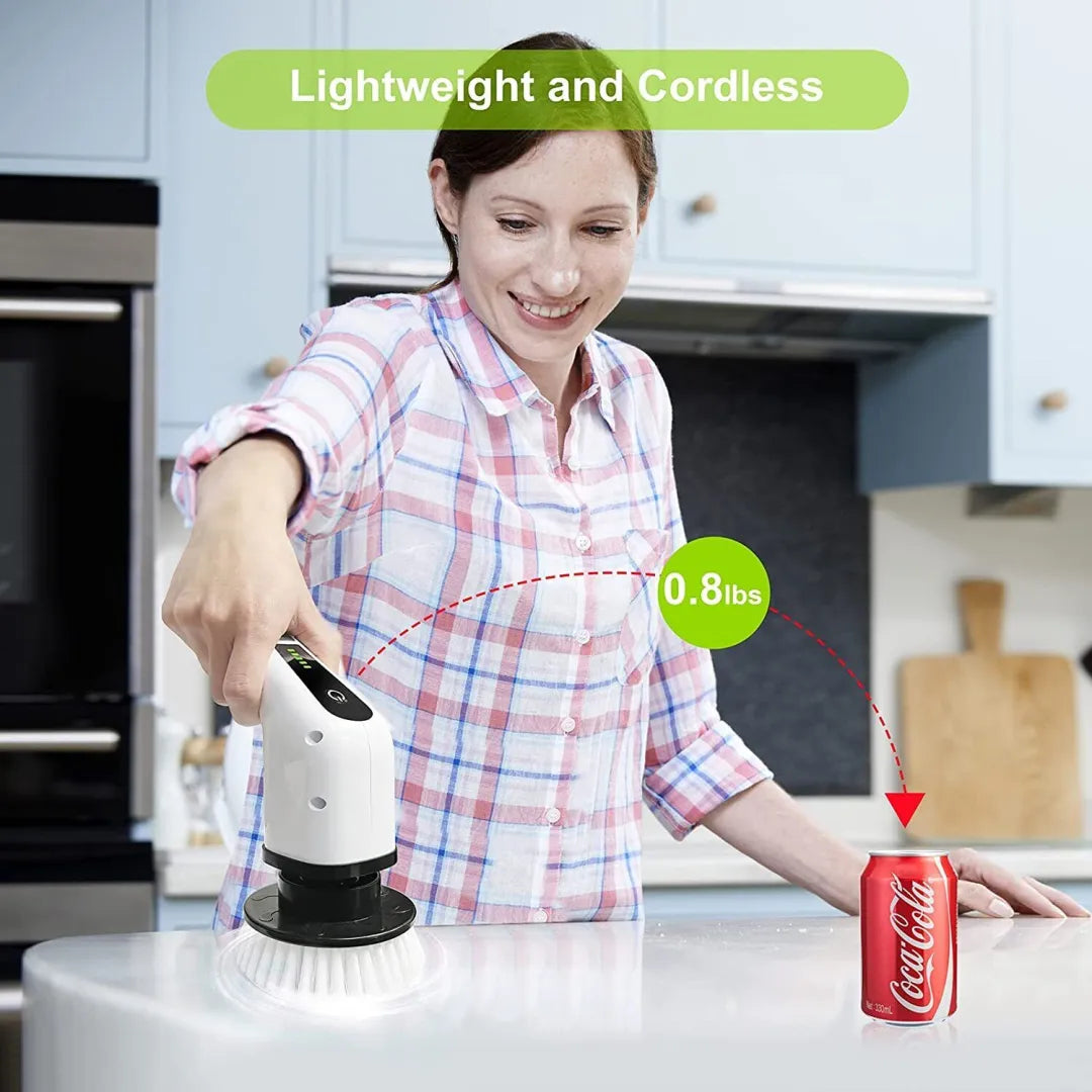Belro Electric Spin Power Scrubber with long handle and 7 cleaning heads for outdoor home and garden cleaning tasks.