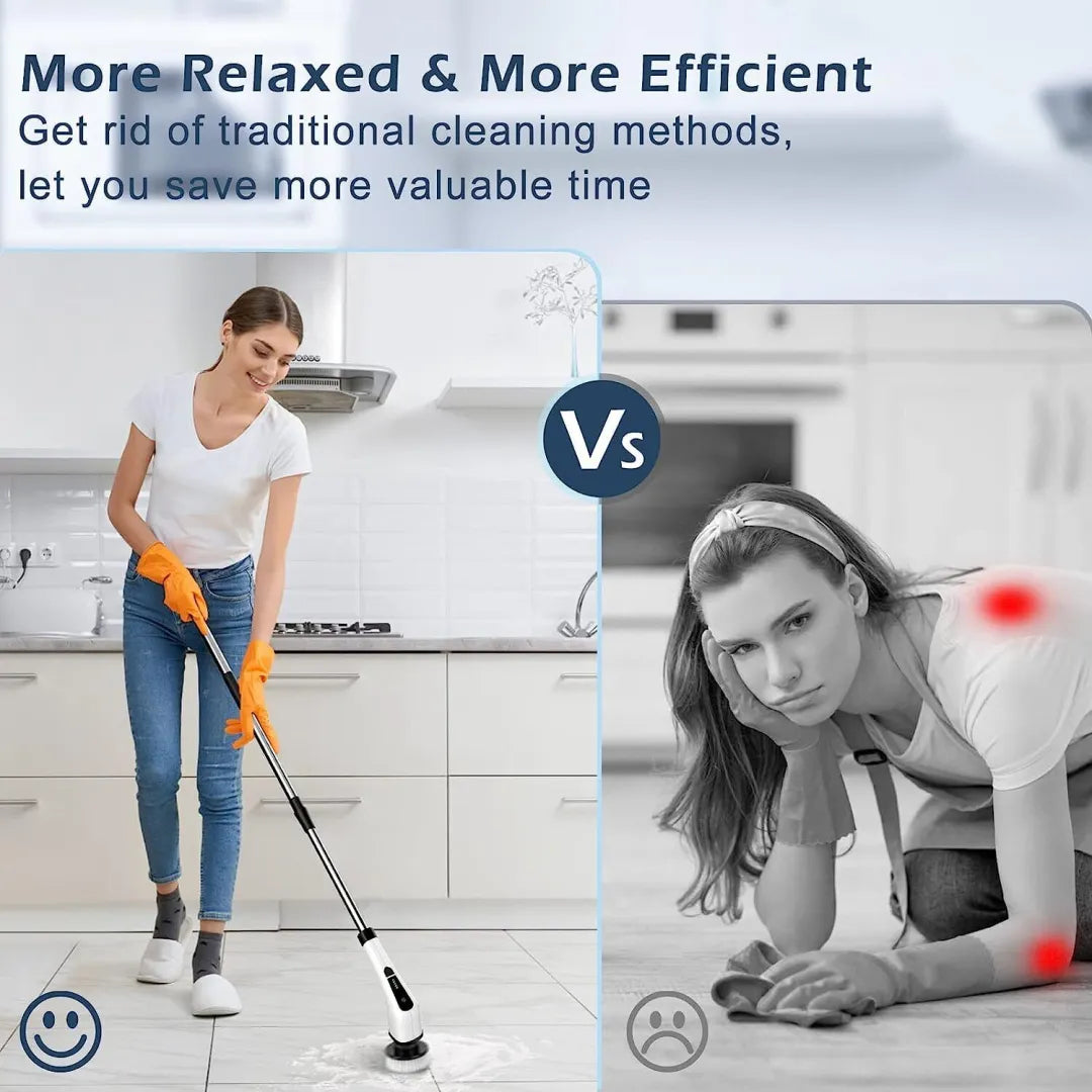 Belro electric spin power scrubber with long handle and seven cleaning heads for outdoor home and garden cleaning tasks.