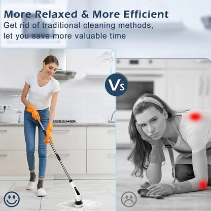 Belro electric spin power scrubber with long handle and seven cleaning heads for outdoor home and garden cleaning tasks.