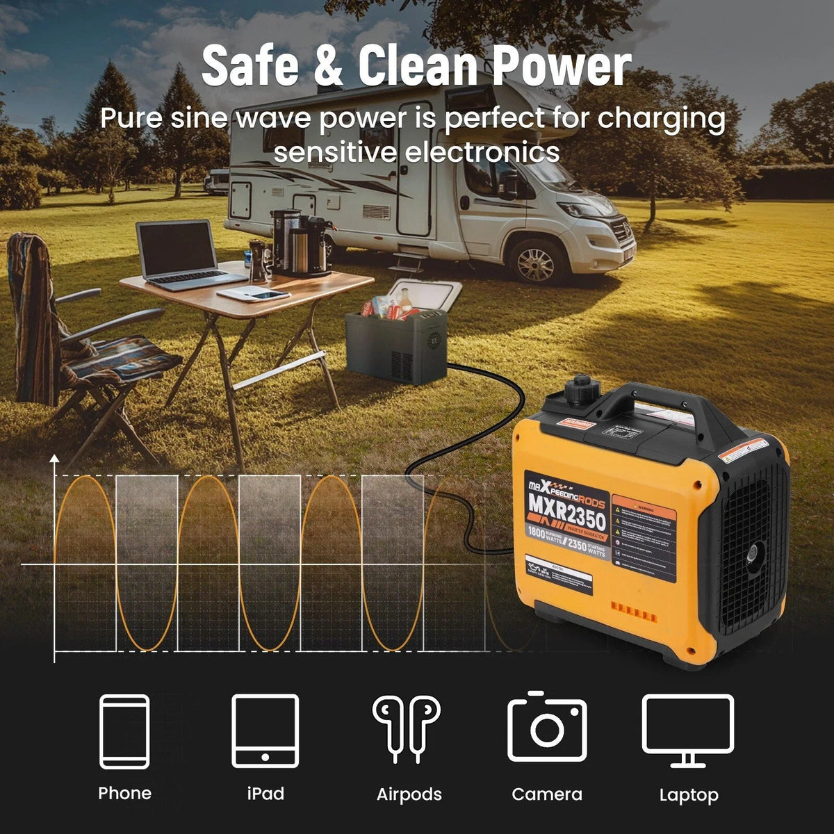 Casavibeo portable inverter generator with 2300W to 5500W power output, compact design, ideal for outdoor and emergency use.
