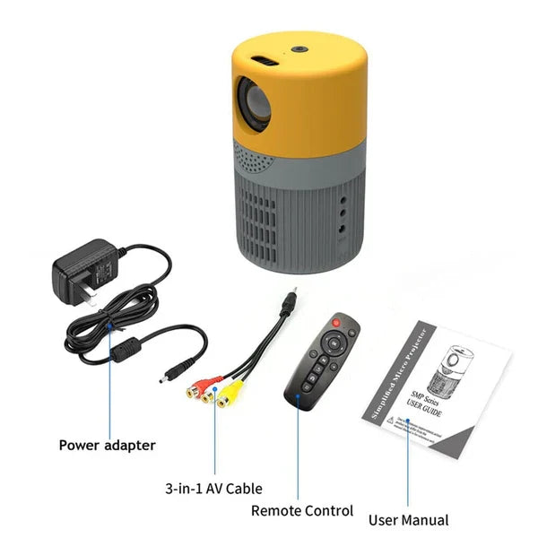 Belro portable mini movie projector showing a projected image on a wall, compact electronic device for home entertainment.