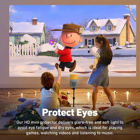Belro portable mini movie projector displaying colorful images on a wall, compact electronic device for home entertainment.