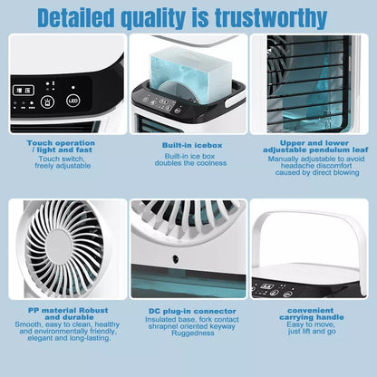 Belro portable mini air conditioner for outdoor use, compact cooling unit with vents and control panel in a home and garden setting.