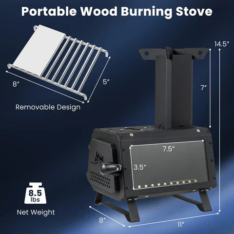 Belro portable wood-burning camping stove with compact design, featuring a metal frame, cooking surface, and handles for outdoor use.