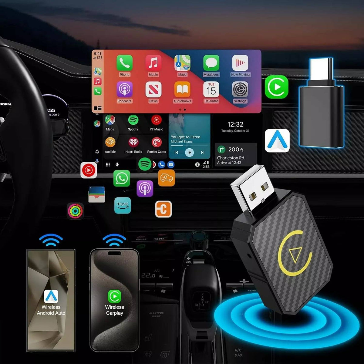 Belro Wireless CarPlay Adapter connected to car dashboard, compact electronic device for wireless smartphone integration.