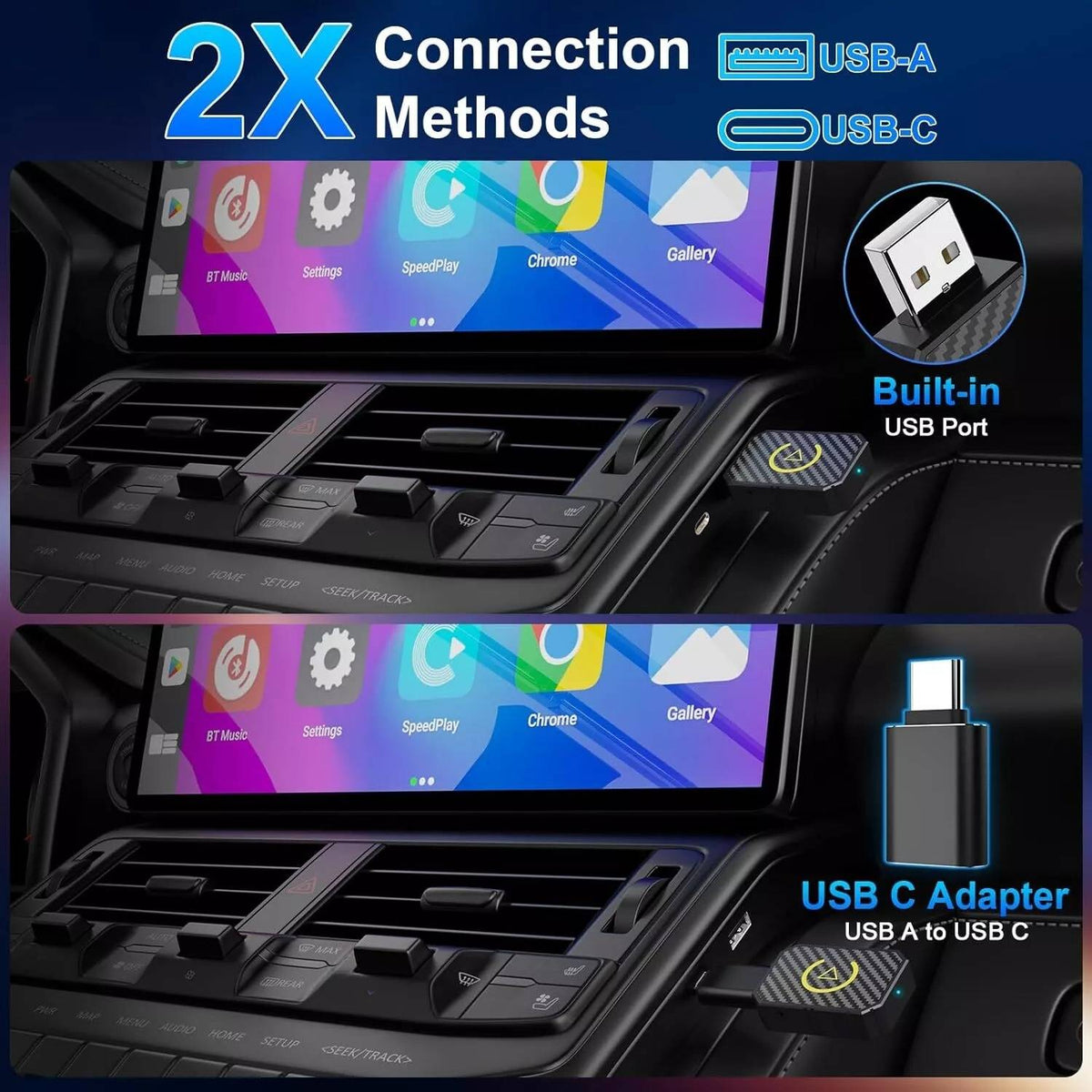 Belro Wireless CarPlay Adapter connected to a car dashboard, compact electronic device for seamless wireless connectivity.