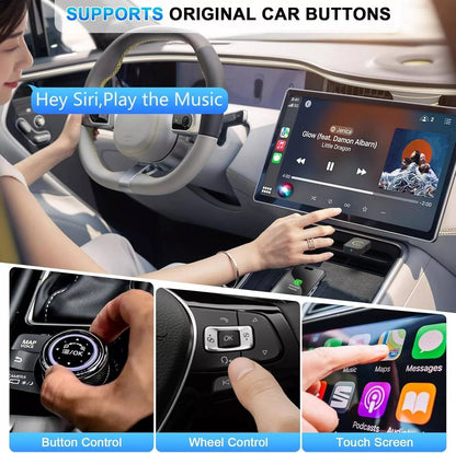 Belro Wireless CarPlay Adapter connected to a car dashboard, compact electronic device for seamless wireless phone integration.