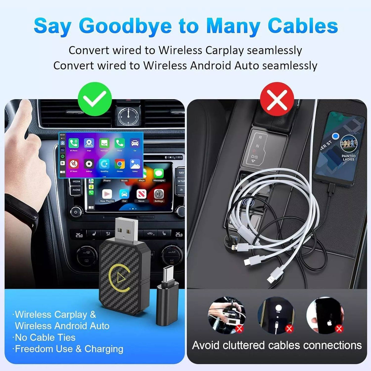 Belro wireless CarPlay adapter connected to a car's dashboard, enabling wireless smartphone integration for seamless driving experience.