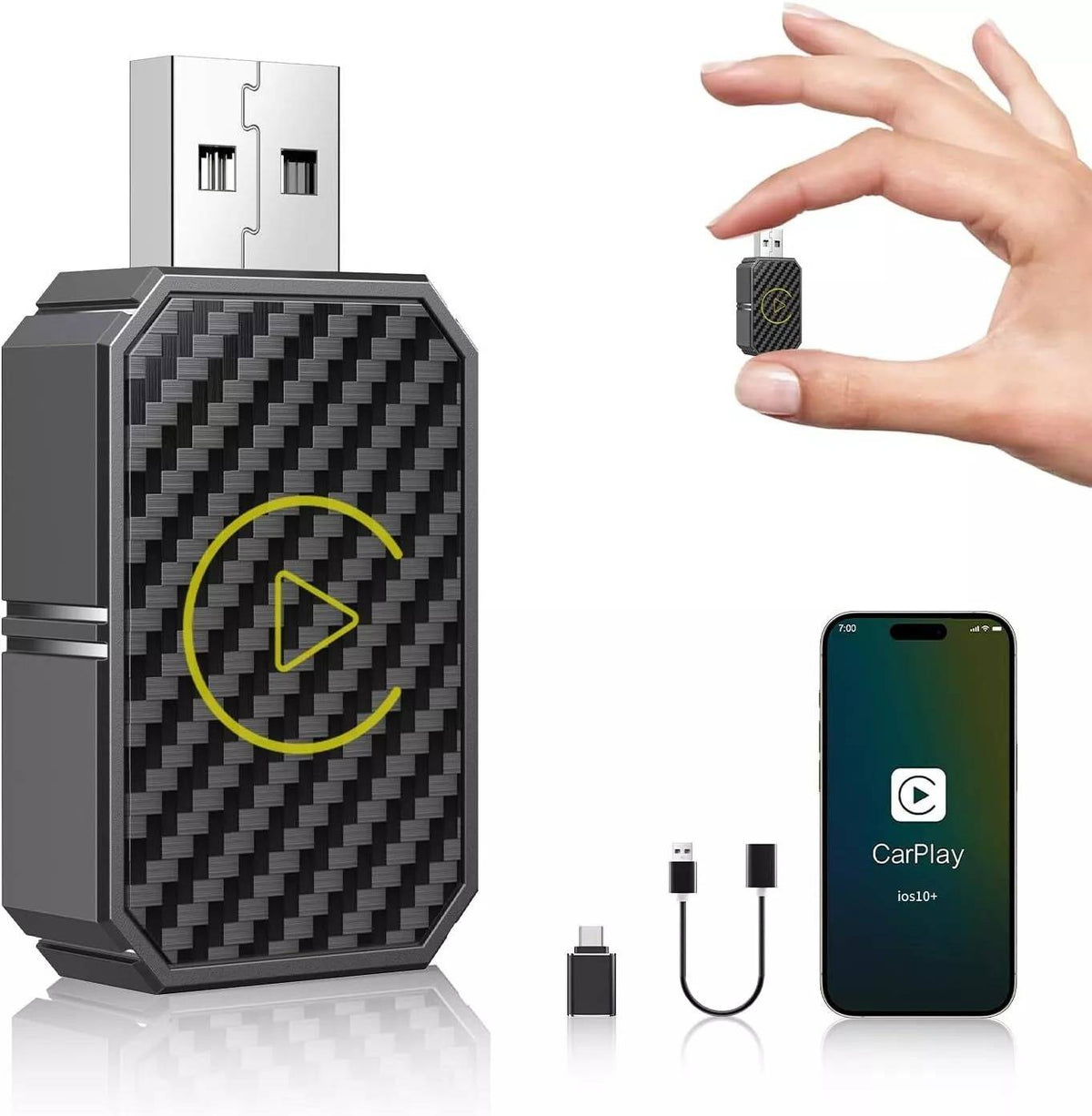 Belro Wireless CarPlay Adapter connected to car dashboard, compact electronics for seamless wireless charging and connectivity.