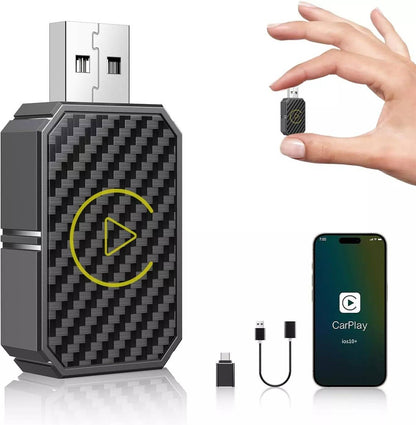 Belro Wireless CarPlay Adapter connected to car dashboard, compact electronics for seamless wireless charging and connectivity.