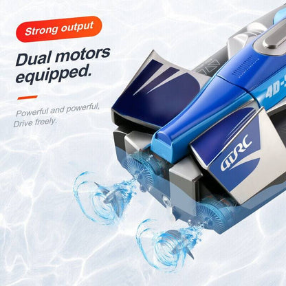 Belro RC high-speed boat toy with sleek design, ready for water racing, shown on a calm water surface.