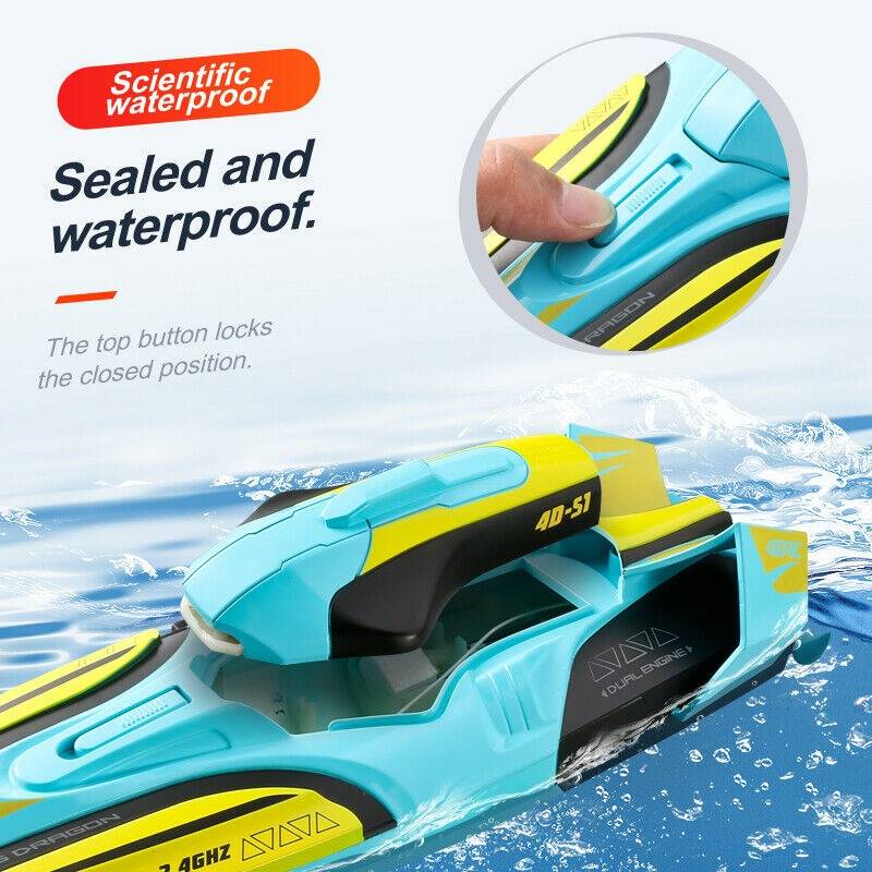 Belro RC high speed boat toy floating on water with sleek design, suitable for kids and hobbyists.