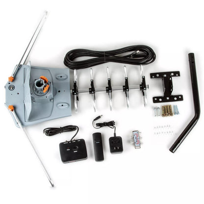 Belro Long Range Digital HD TV Antenna with 360-degree motor, mounting pole, and directional features for clear TV reception.