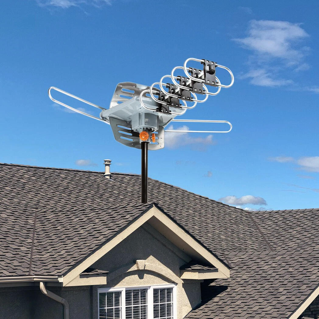 Belro long-range digital HD TV antenna with 360-degree motorized rotor and mounting pole, designed for clear television reception.