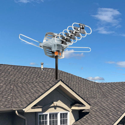 Belro long-range digital HD TV antenna with 360-degree motorized rotor and mounting pole, designed for clear television reception.