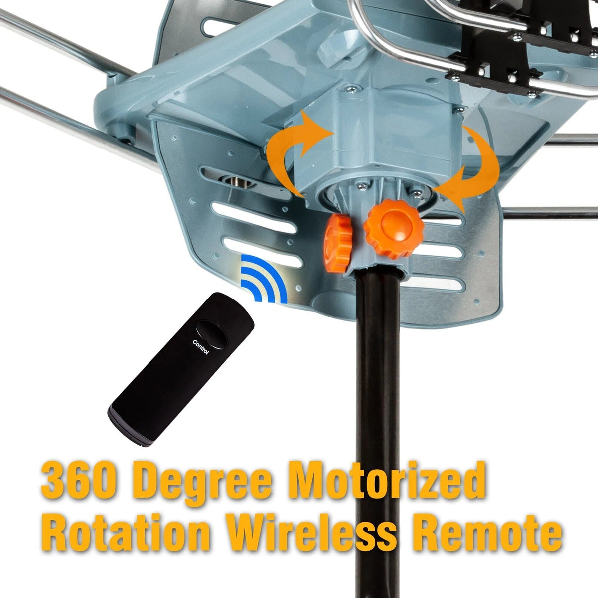 Belro long-range digital HD TV antenna with full 360-degree motorized directional mount and mounting pole, ideal for clear signal reception.