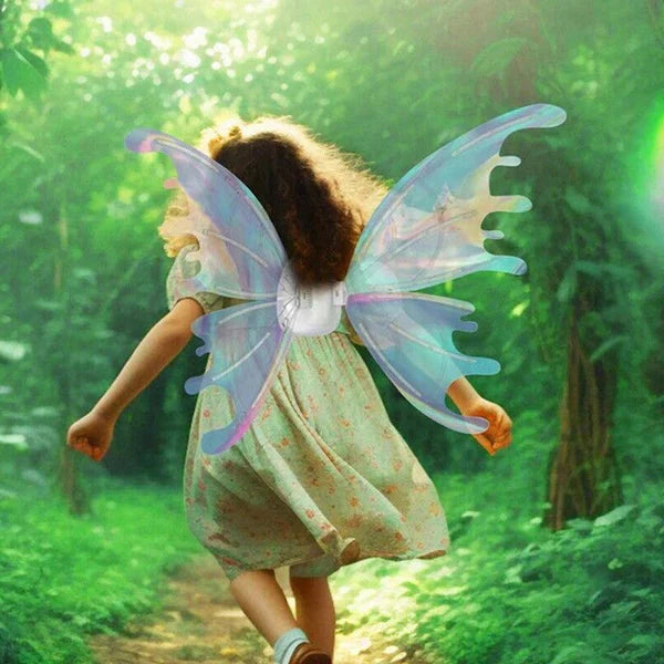 Colorful LED fairy wings costume for kids and adults by Belro, featuring vibrant lights and lightweight, flexible design.
